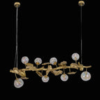 Long Organic Glass Bubble Brass Leaves Branch Chandelier 59" L by Bling Lighting Studio