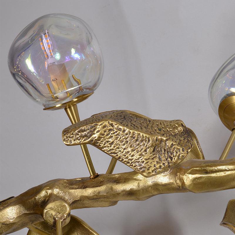 Long Organic Glass Bubble Brass Leaves Branch Chandelier 59" L by Bling Lighting Studio