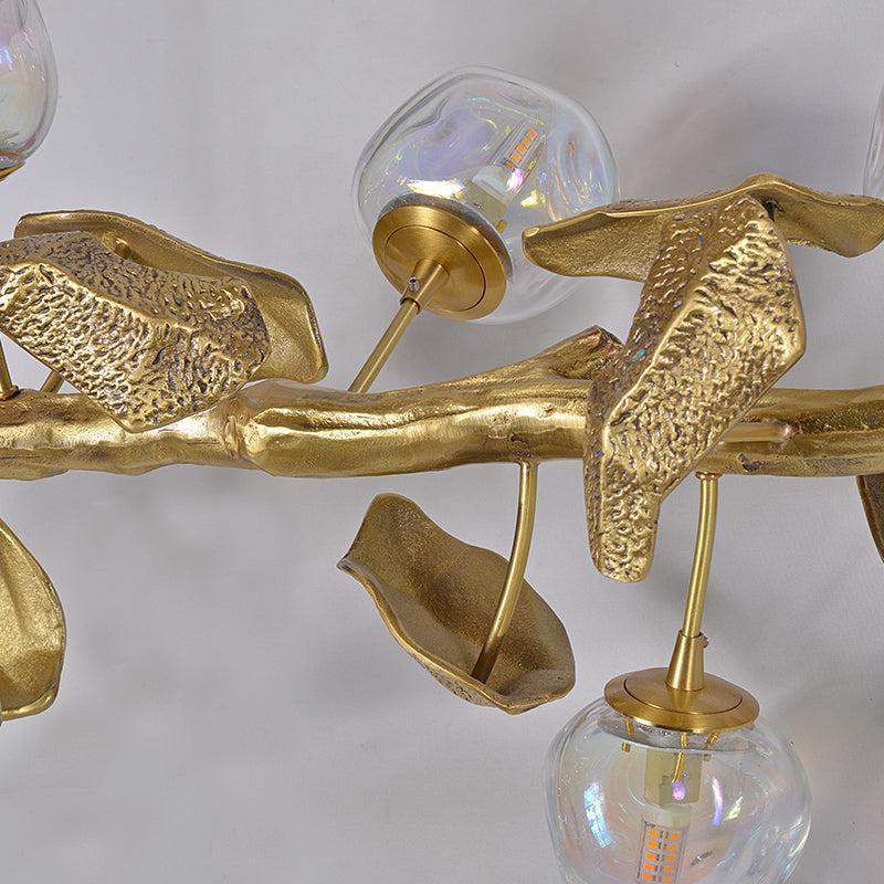 Long Organic Glass Bubble Brass Leaves Branch Chandelier 59" L by Bling Lighting Studio