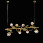 Long Organic Glass Bubble Brass Leaves Branch Chandelier 59" L by Bling Lighting Studio