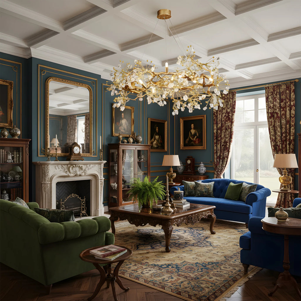 Lorna Berry Branch Shape Glass Chandelier in a blue and green classic living room