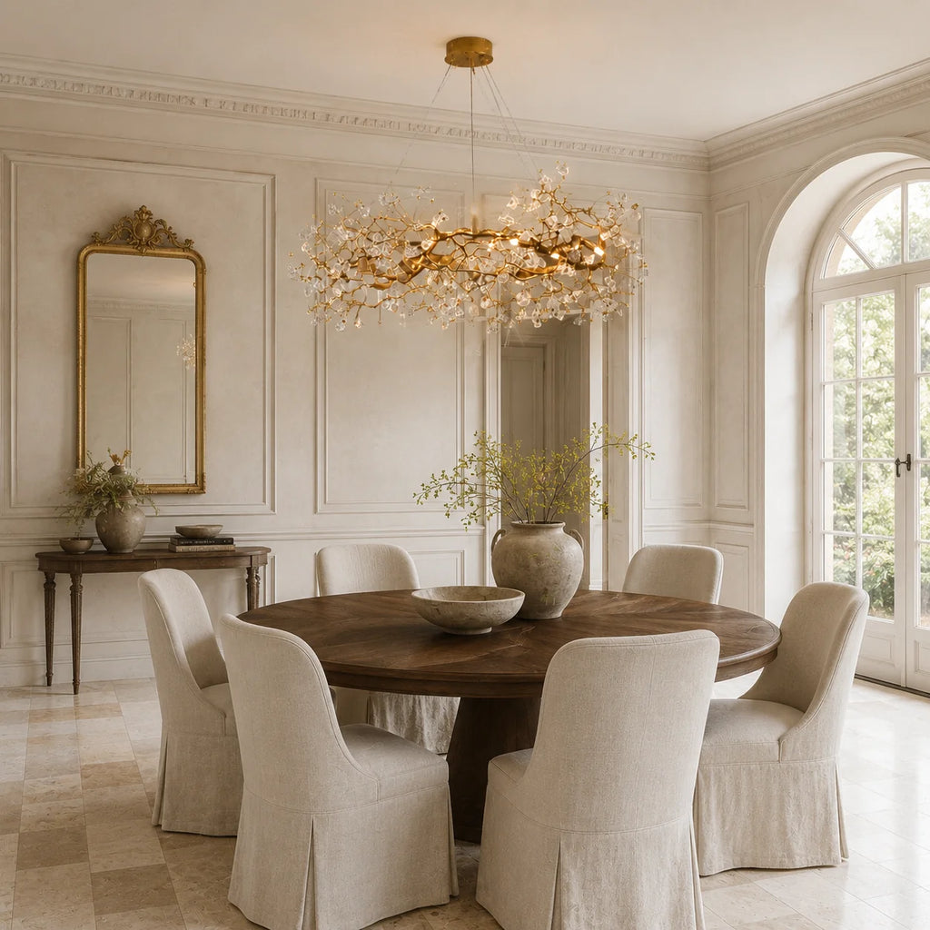 Lorna Berry Branch Shape Glass Chandelier above a dining table with wall mirror