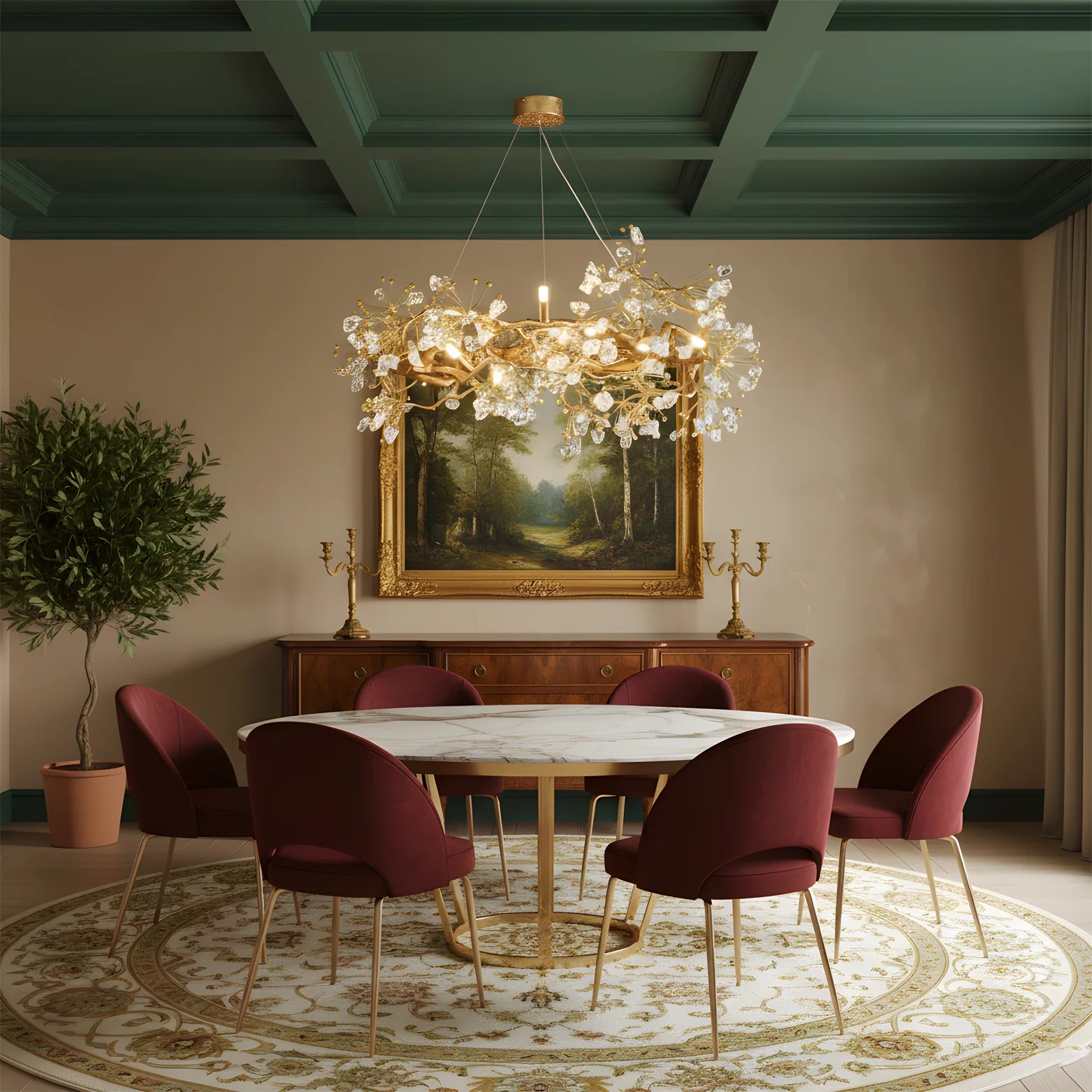 Lorna Berry Branch Shape Glass Chandelier in a dining room with green ceiling and red chairs