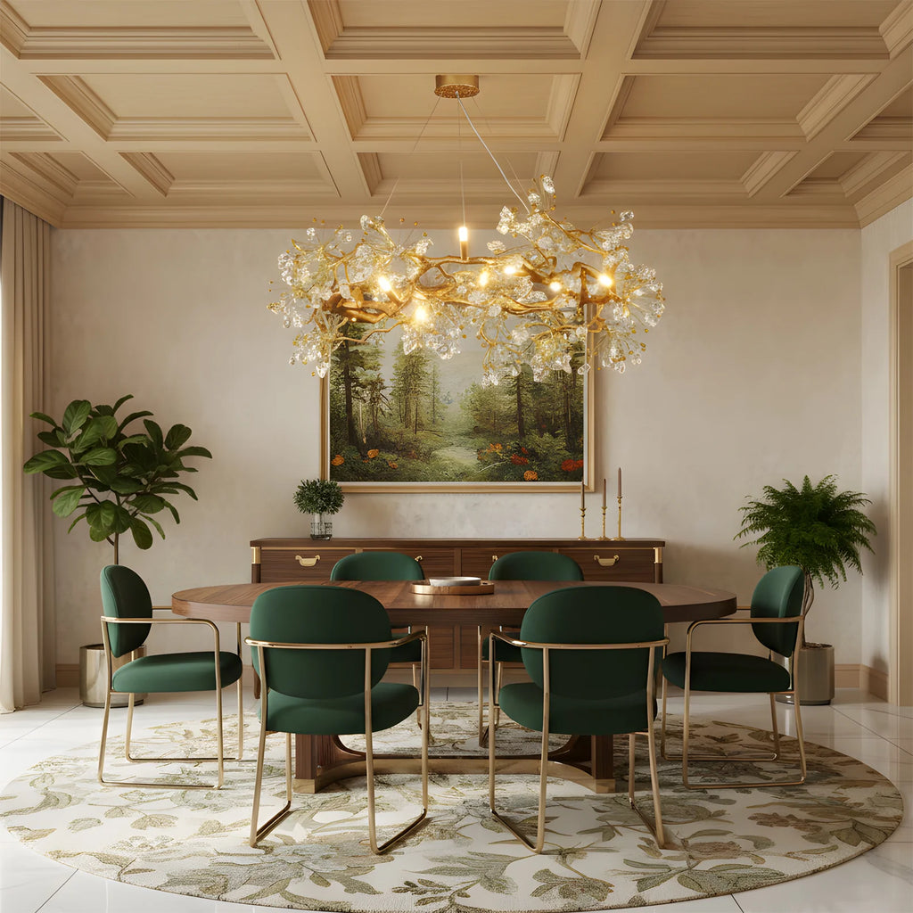 Lorna Berry Branch Shape Glass Chandelier above a dining table with green chairs