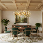Lorna Berry Branch Shape Glass Chandelier above a dining table with green chairs