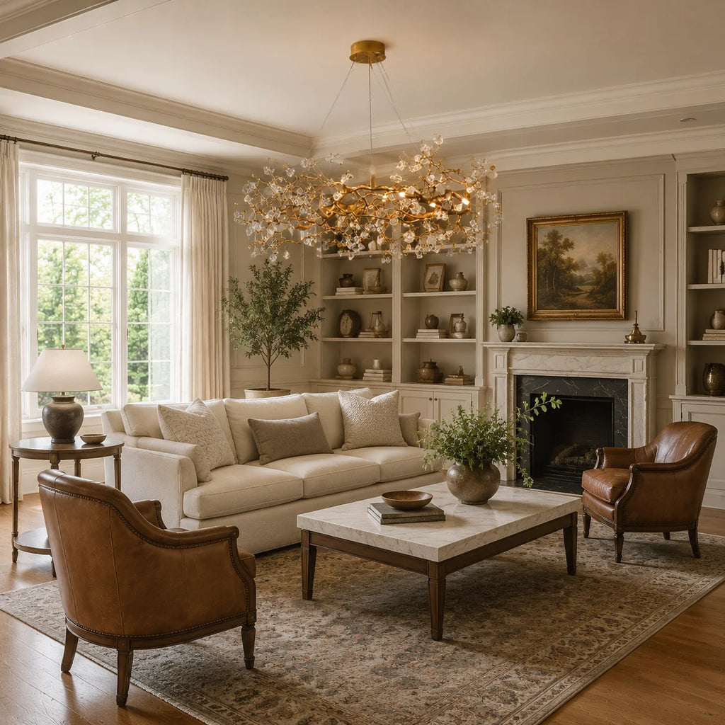 Lorna Berry Branch Shape Glass Chandelier in a bright living room with fireplace