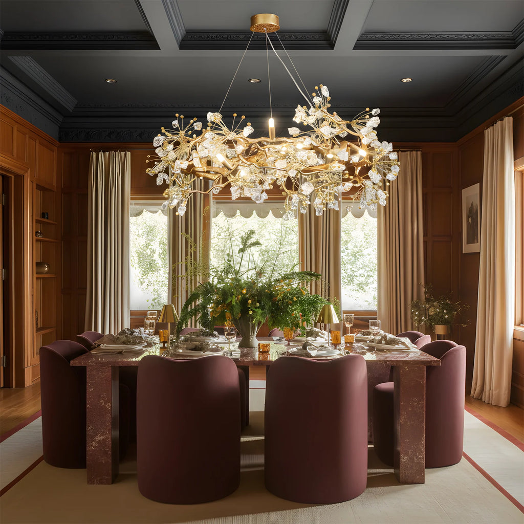 Lorna Berry Branch Shape Glass Chandelier in a luxury dining room with dark ceiling