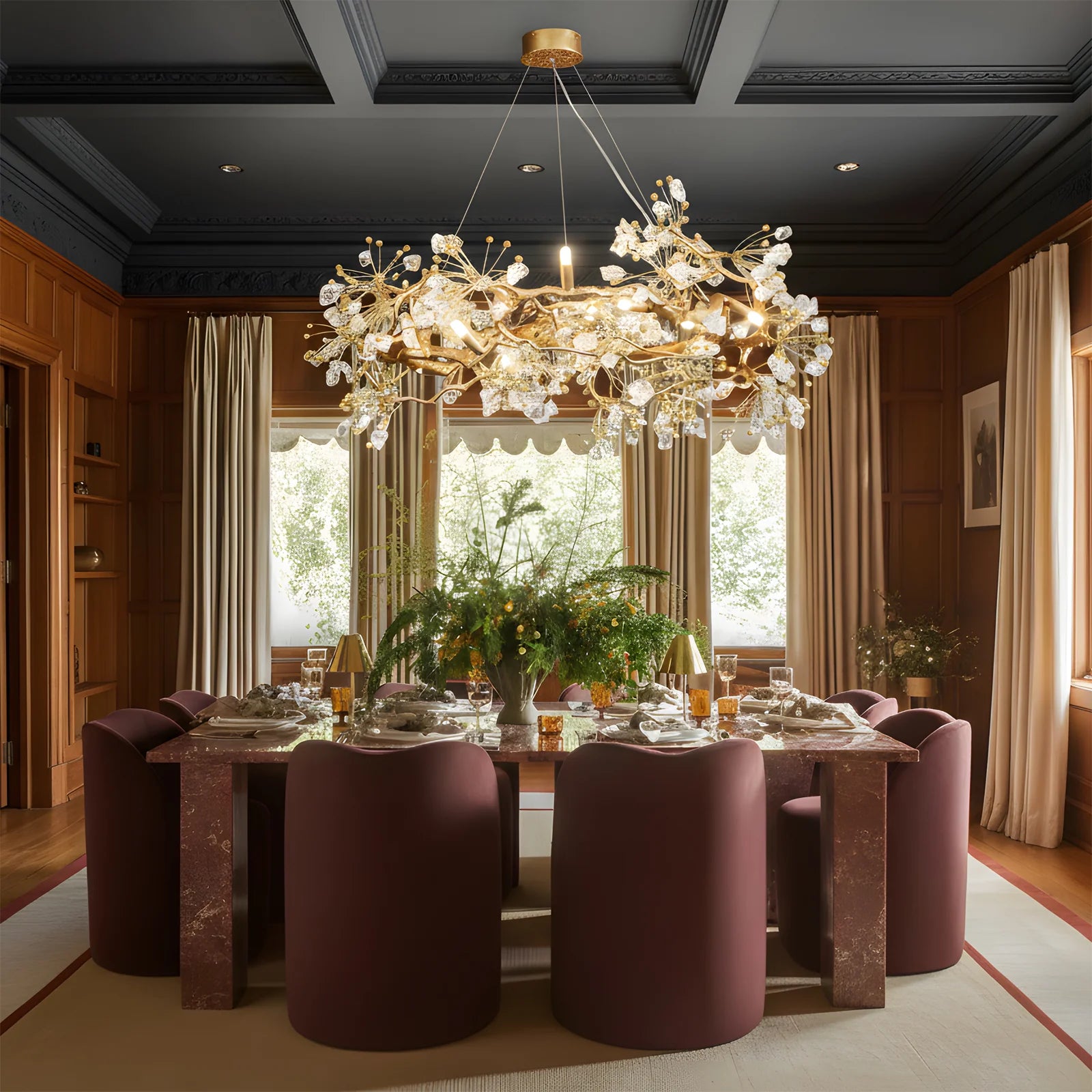 Lorna Berry Branch Shape Glass Chandelier in a luxury dining room with dark ceiling