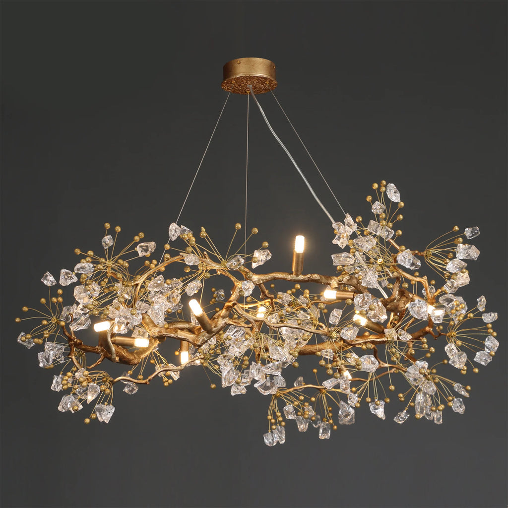 Oval side view of Lorna Berry Branch Shape Glass Chandelier with gold branches