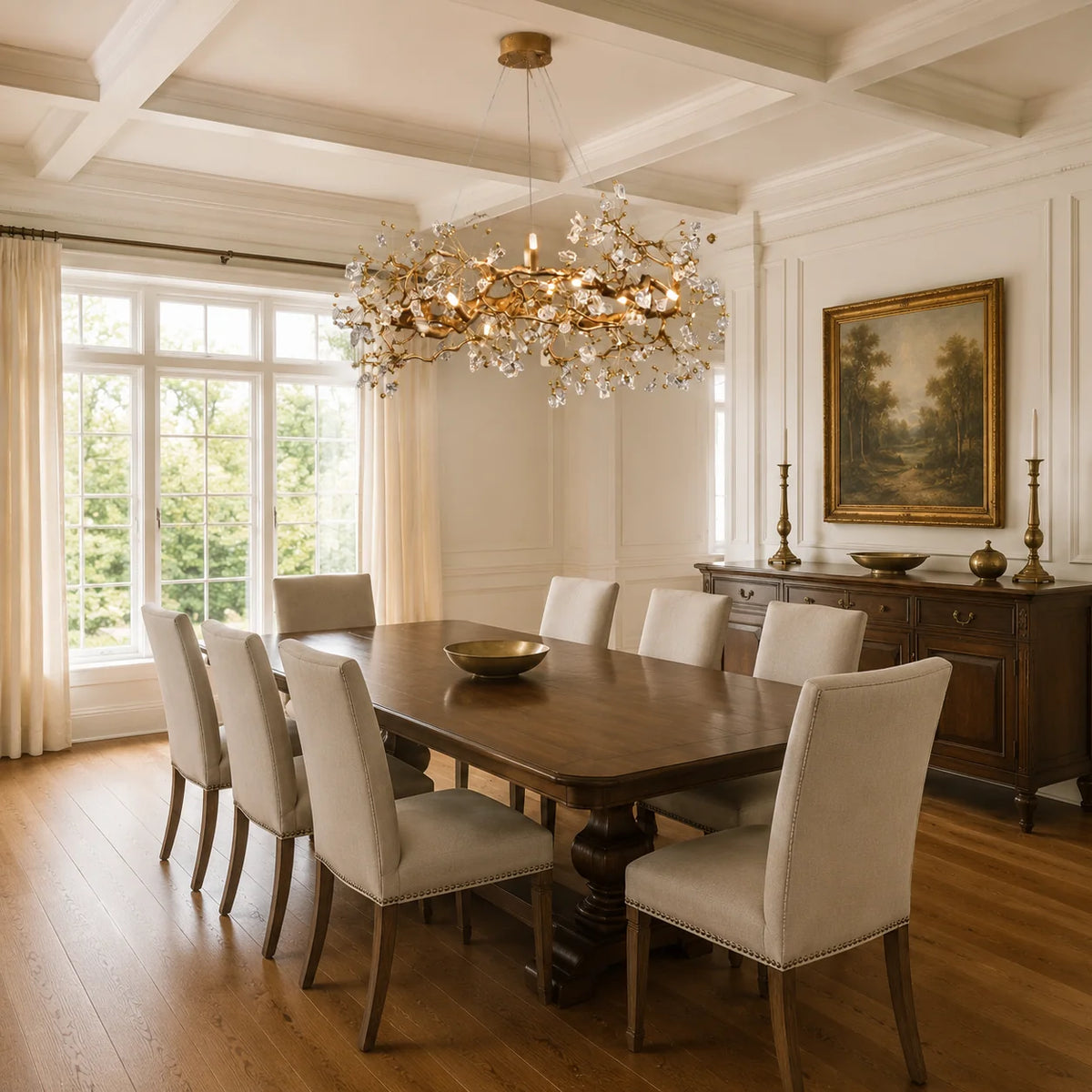 Lorna Berry Branch Shape Glass Chandelier over a rectangular dining table in a coffered room