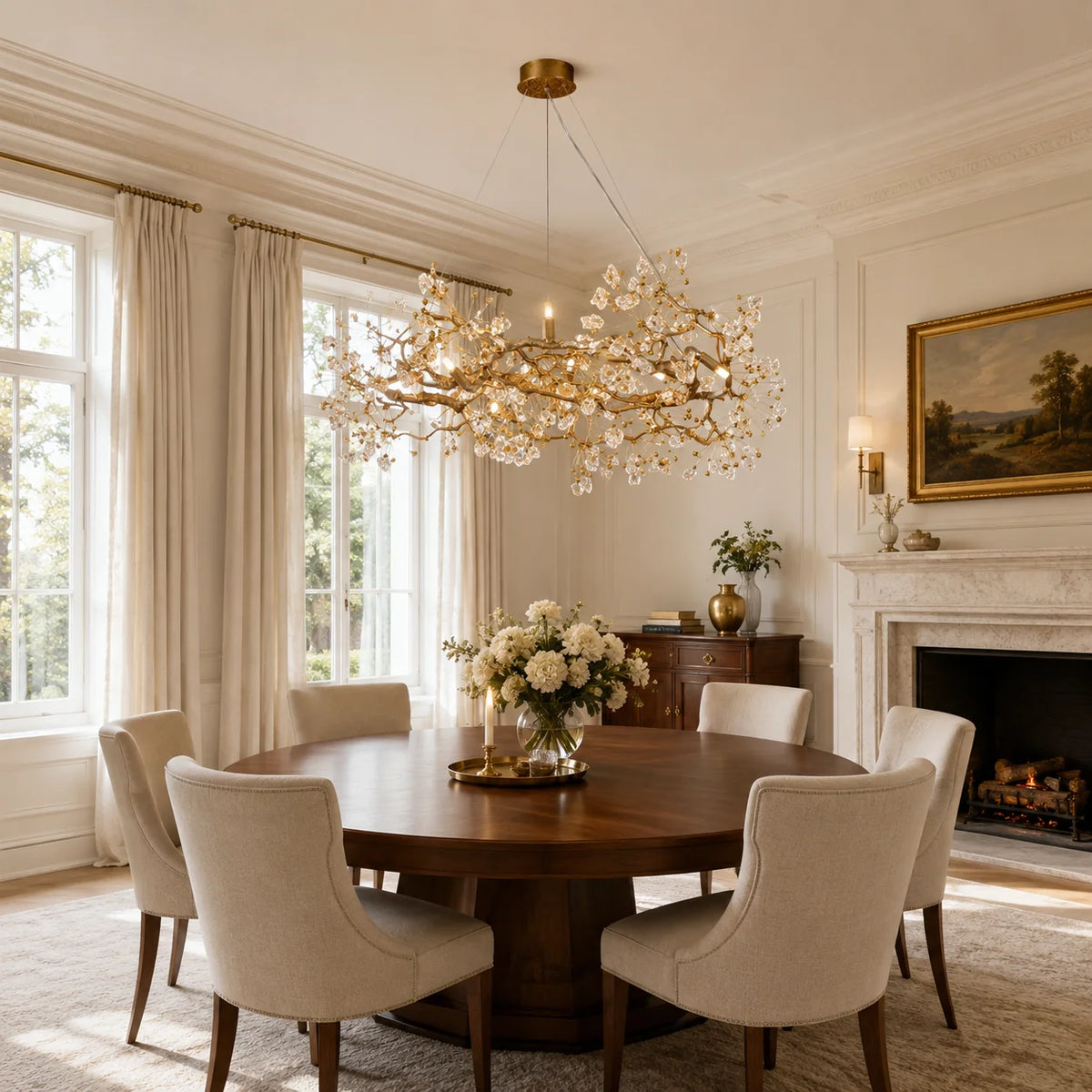 Lorna Berry Branch Shape Glass Chandelier over a round dining table in a classic interior