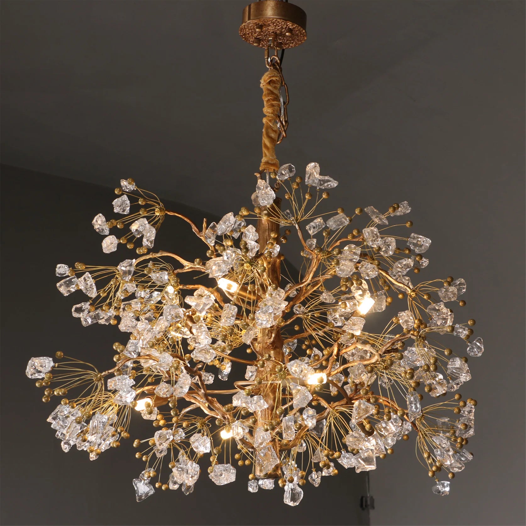 Round Lorna Berry Branch Shape Glass Chandelier studio view with gold finish and glass berries