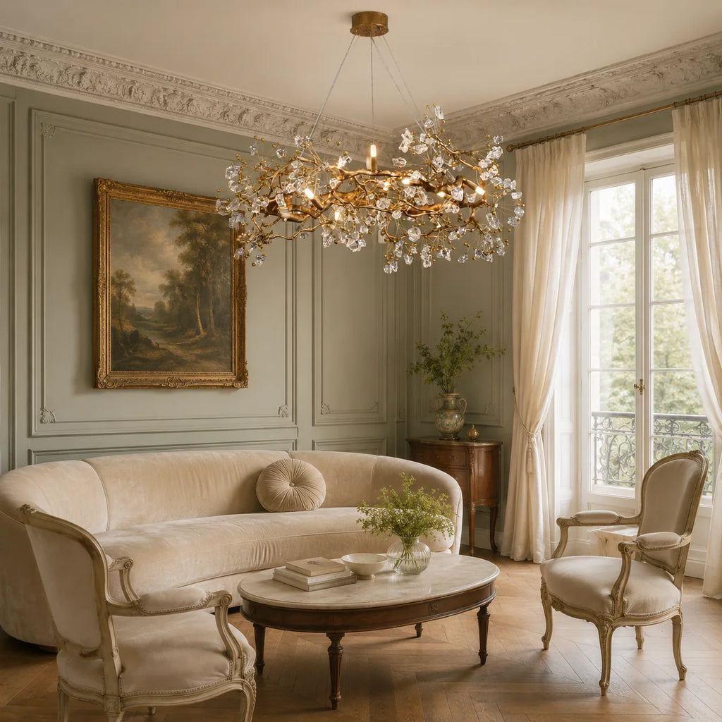 Lorna Berry Branch Shape Glass Chandelier lighting a soft neutral lounge area