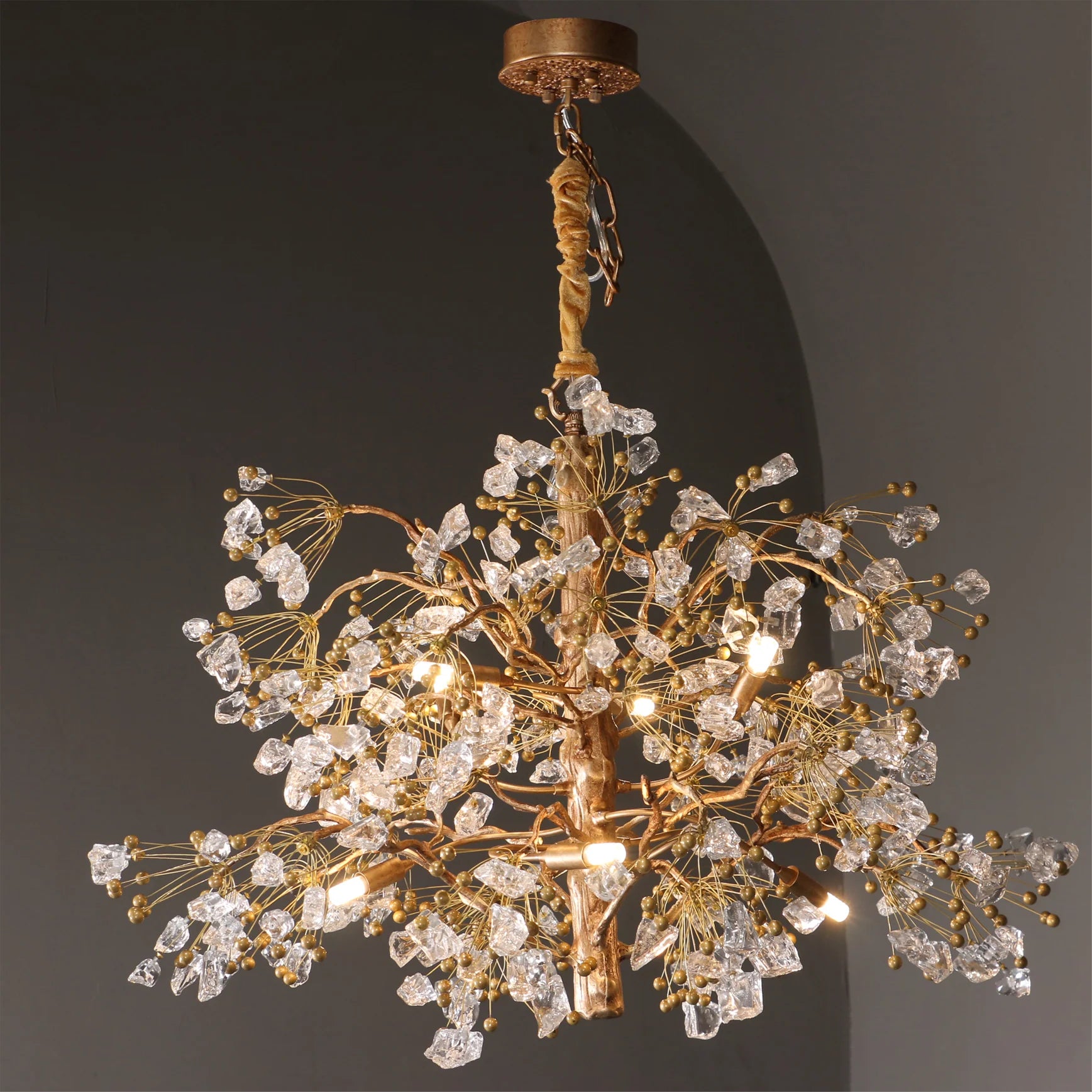 Lorna Berry Branch Shape Glass Chandelier studio view with warm lights and glass berries