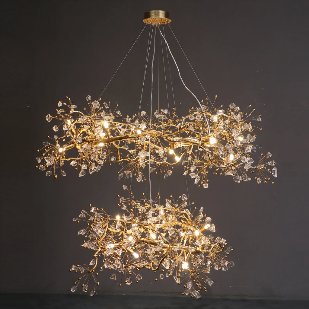Side view of two tier Lorna Berry Branch Shape Glass Chandelier with warm lighting