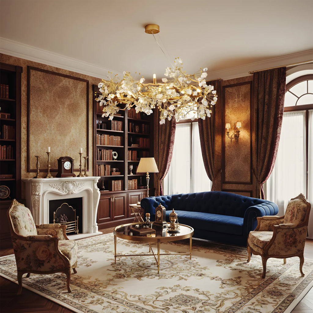 Lorna Berry Branch Shape Glass Chandelier in a warm living room with fireplace and bookshelves