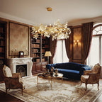 Lorna Berry Branch Shape Glass Chandelier in a warm living room with fireplace and bookshelves