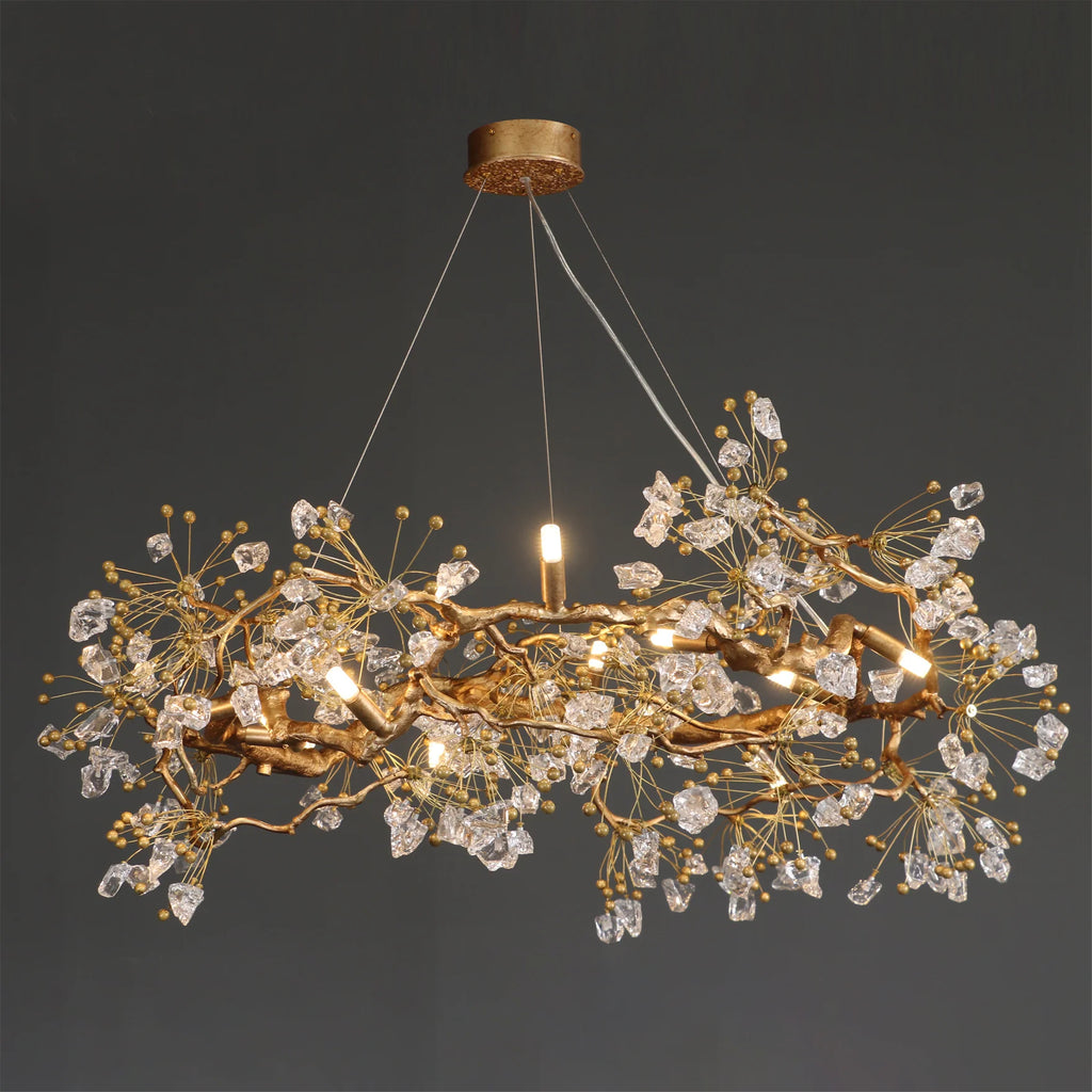 Wide studio view of Lorna Berry Branch Shape Glass Chandelier with warm bulbs