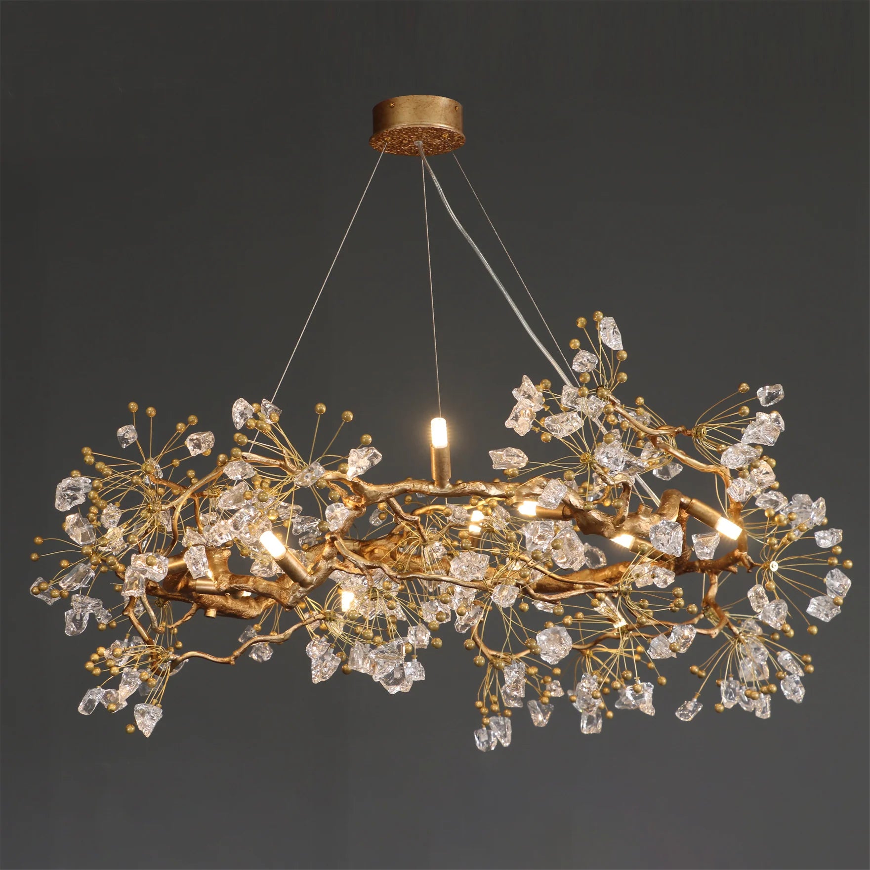 Wide studio view of Lorna Berry Branch Shape Glass Chandelier with warm bulbs
