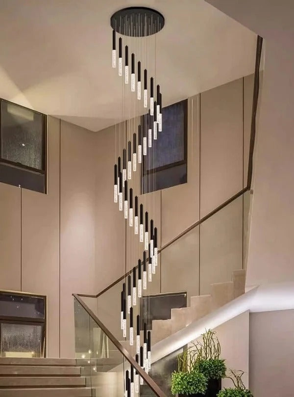 Lum Modern Black Foyer Chandelier For High Ceiling arranged as a spiral cascade of black and white LED tubes