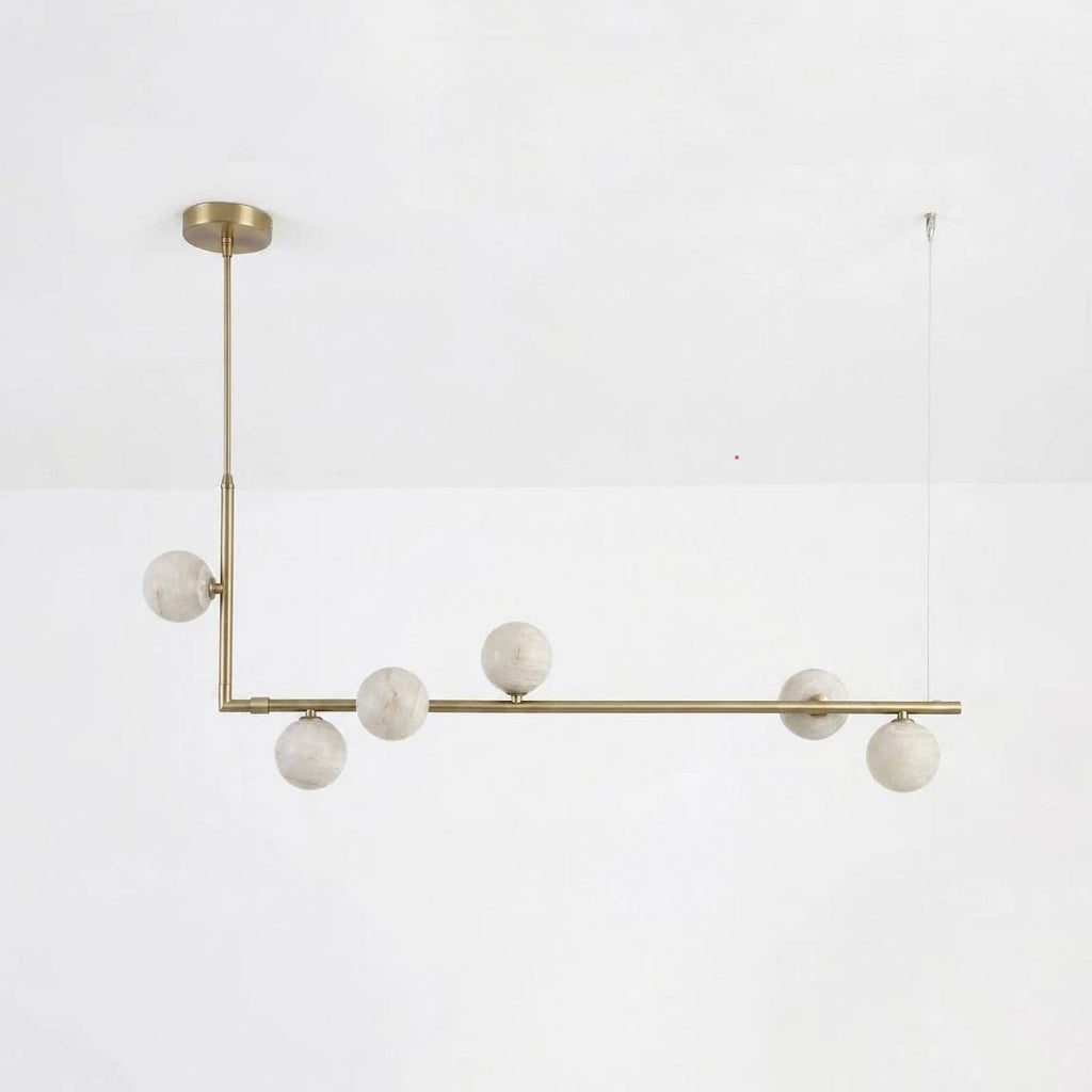 Lunara Alabaster Orb Linear Chandelier — 6 Lights: L 35.4″ × H 59″ / Brass & White