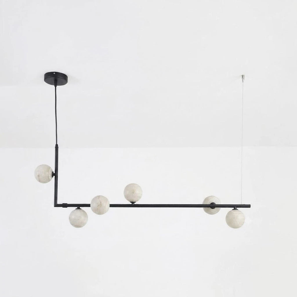 Lunara Alabaster Orb Linear Chandelier — 6 Lights: L 35.4″ × H 59″ / Black & White
