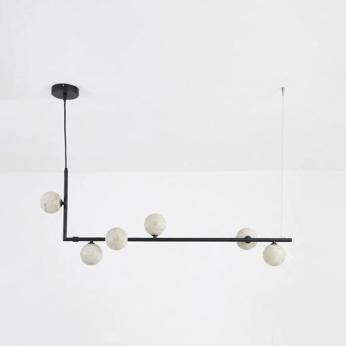 Lunara Alabaster Orb Linear Chandelier — 6 Lights: L 35.4″ × H 59″ / Black & White