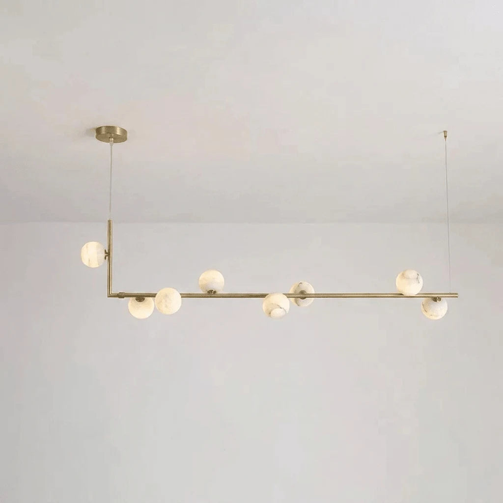 Lunara Alabaster Orb Linear Chandelier — 8 Lights: L 47.2″ × H 59″ / Brass & White