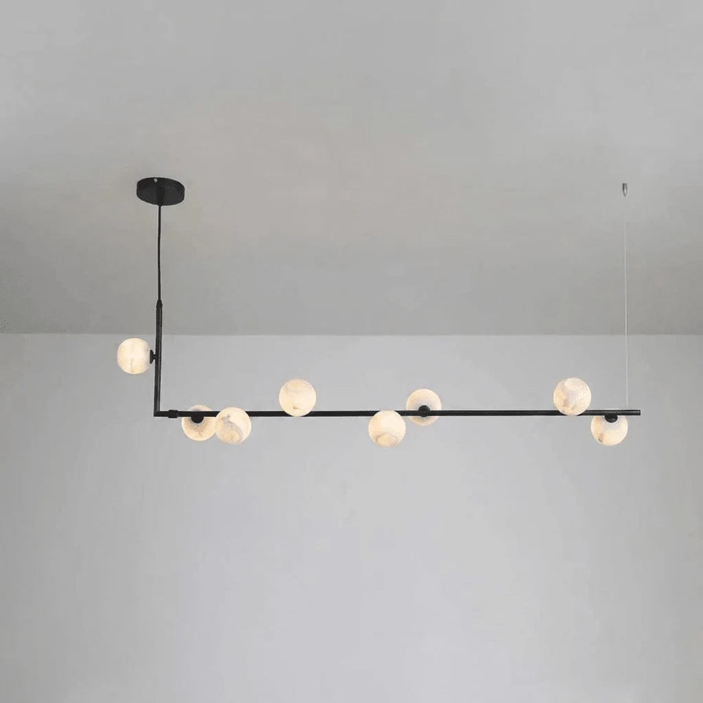 Lunara Alabaster Orb Linear Chandelier — 8 Lights: L 47.2″ × H 59″ / Black & White