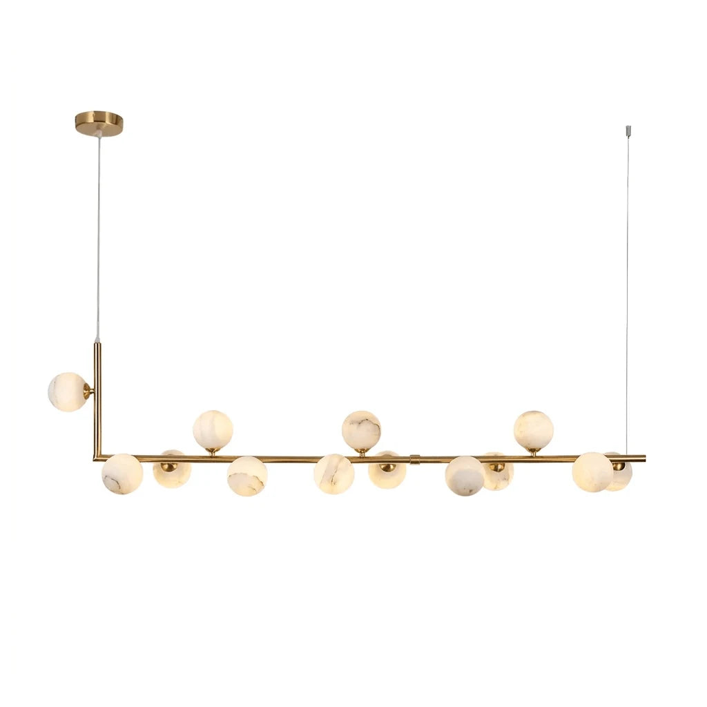 Lunara Alabaster Orb Linear Chandelier — 13 Lights: L 59.1″ × H 14.9″ / Brass & White