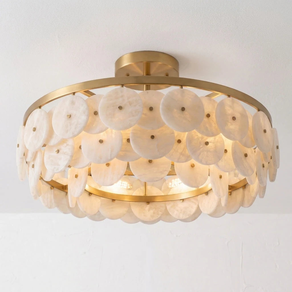 Lunavera Alabaster Disc Flush Mount — Dia 55cm x H 32cm / ∅ 21.7″ x H 12.6″ / Brushed Brass & White