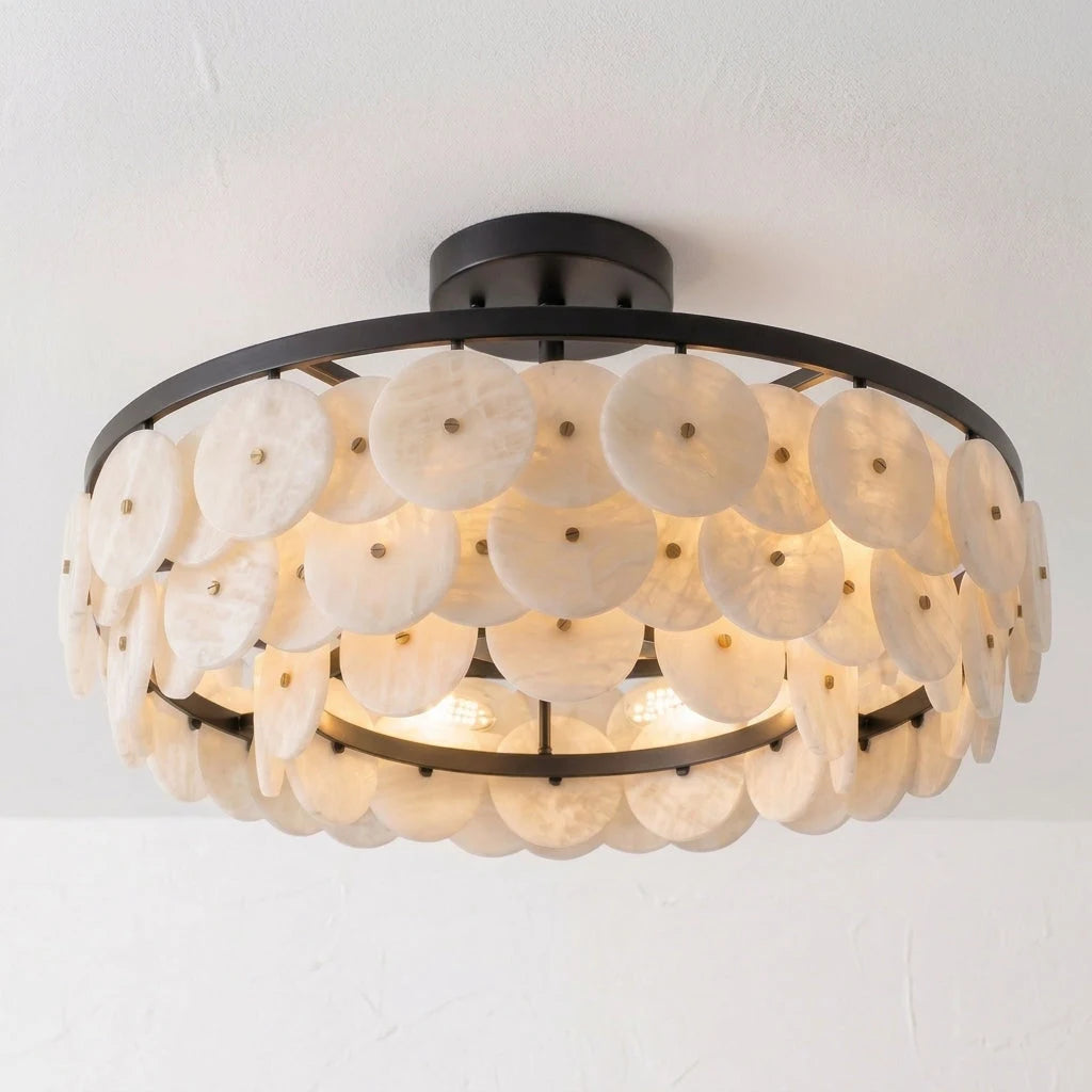 Lunavera Alabaster Disc Flush Mount — Dia 55cm x H 32cm / ∅ 21.7″ x H 12.6″ / Matte Black & White