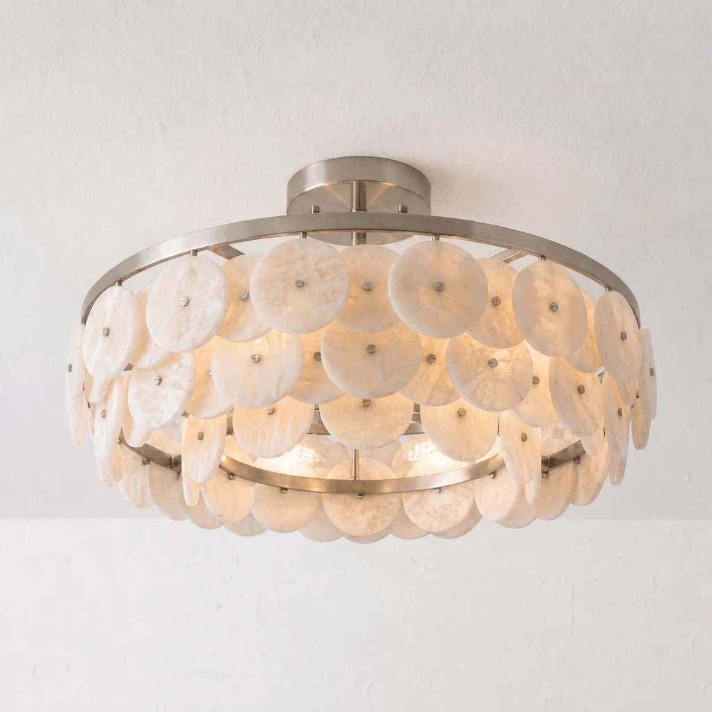 Lunavera Alabaster Disc Flush Mount — Dia 55cm x H 32cm / ∅ 21.7″ x H 12.6″ / Brushed Nickel & White