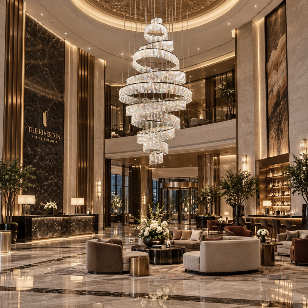 Luxury Crystal Grand Staircase Chandelier in hotel lobby interior