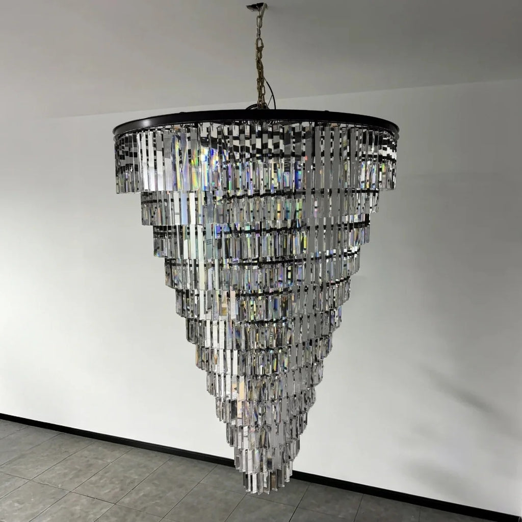 Luxury tiered crystal chandelier for foyer black finish view
