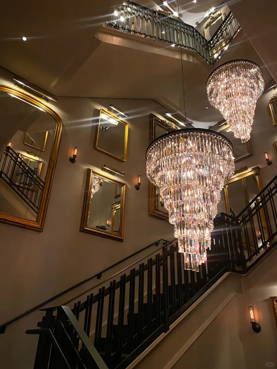 Luxury tiered crystal chandelier for foyer detail view