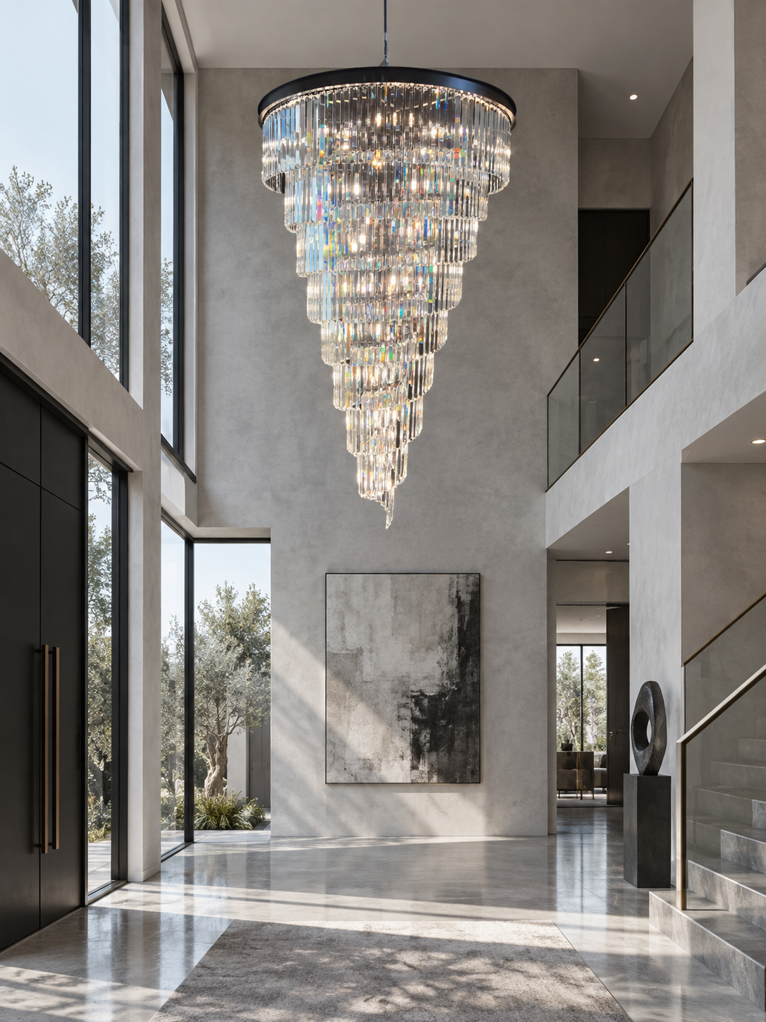 Luxury tiered crystal chandelier for foyer entryway view