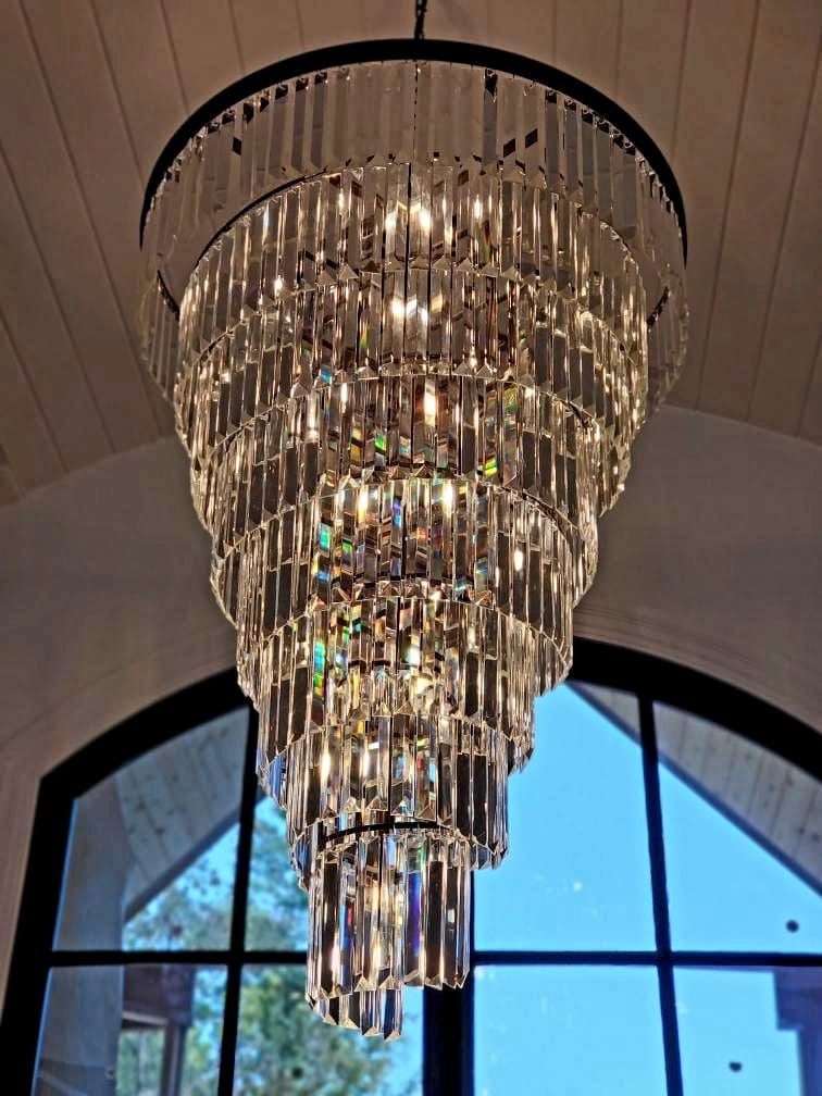 Luxury tiered crystal chandelier for foyer installation view
