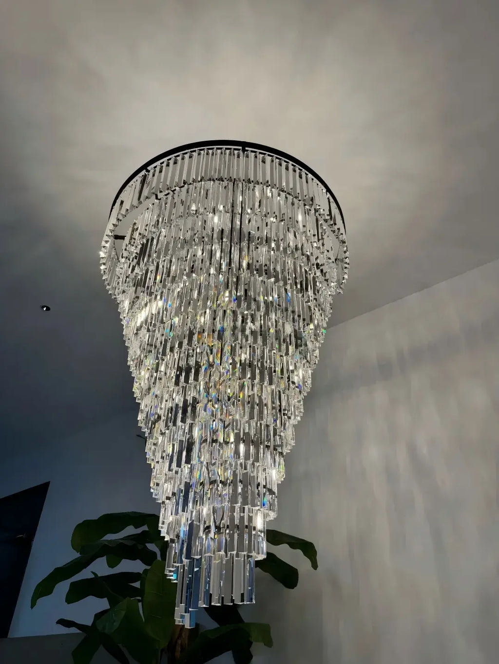 Luxury tiered crystal chandelier for foyer lit view