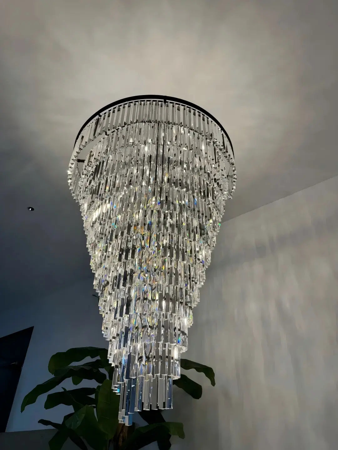 Luxury tiered crystal chandelier for foyer lit view