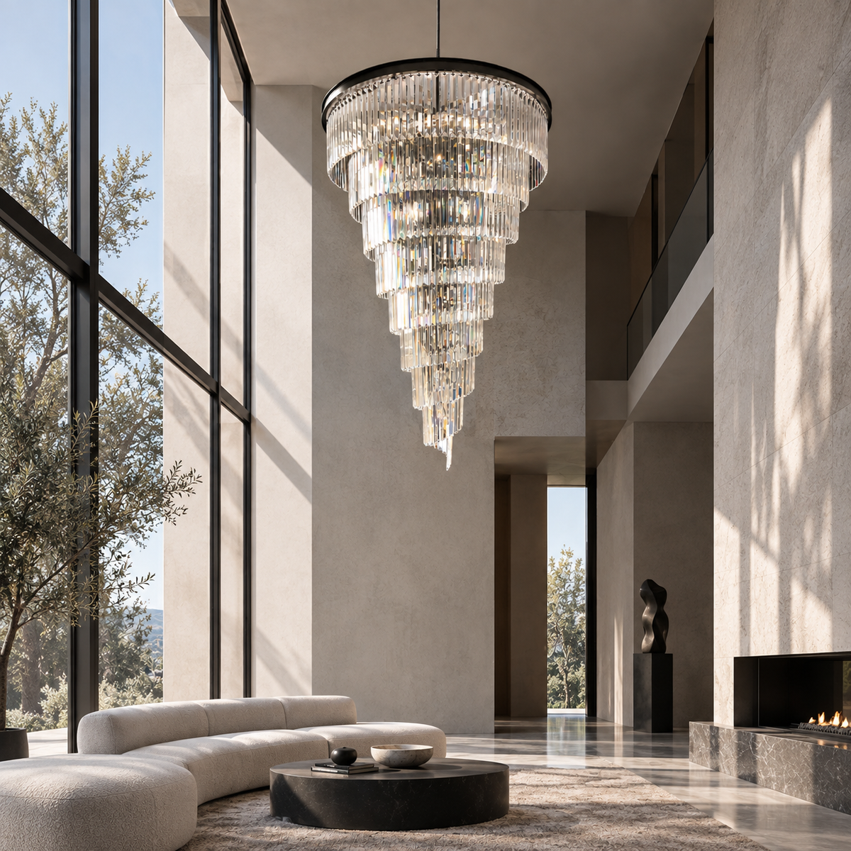 Luxury tiered crystal chandelier in modern foyer interior