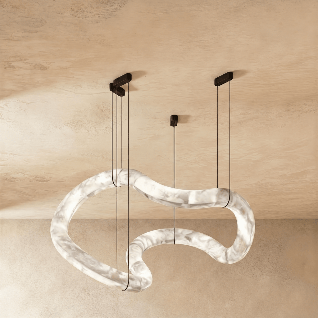 Maat Alabaster Double Loop Chandelier with intertwined alabaster rings and warm LED illumination