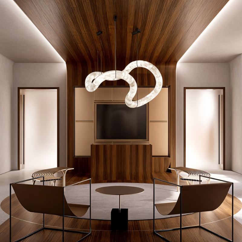 Maat Alabaster Double Loop Chandelier natural stone and integrated LED details