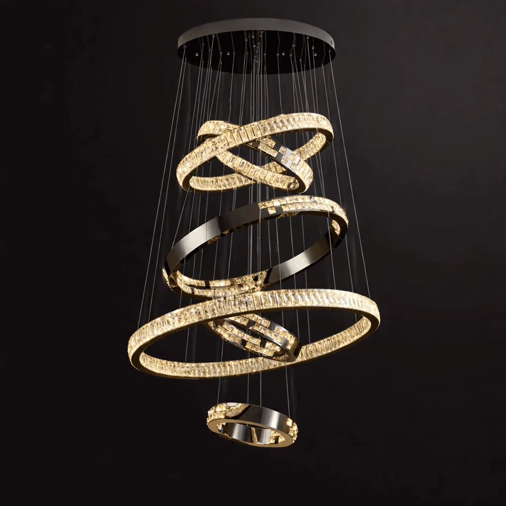 Malen Multi Ring Pendant Light gold finish product view with overlapping crystal LED rings