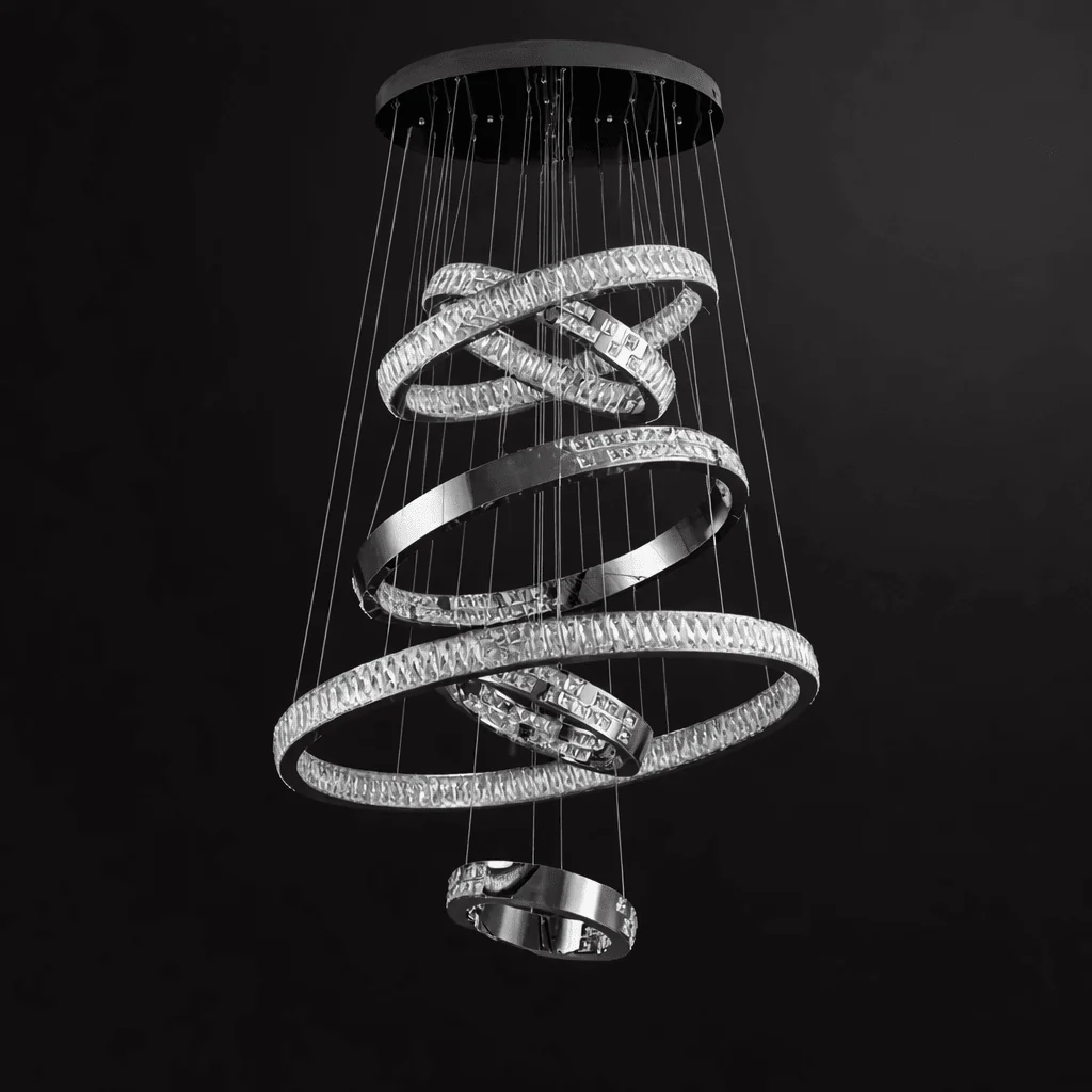 Malen Multi Ring Pendant Light silver finish product view with layered crystal LED rings