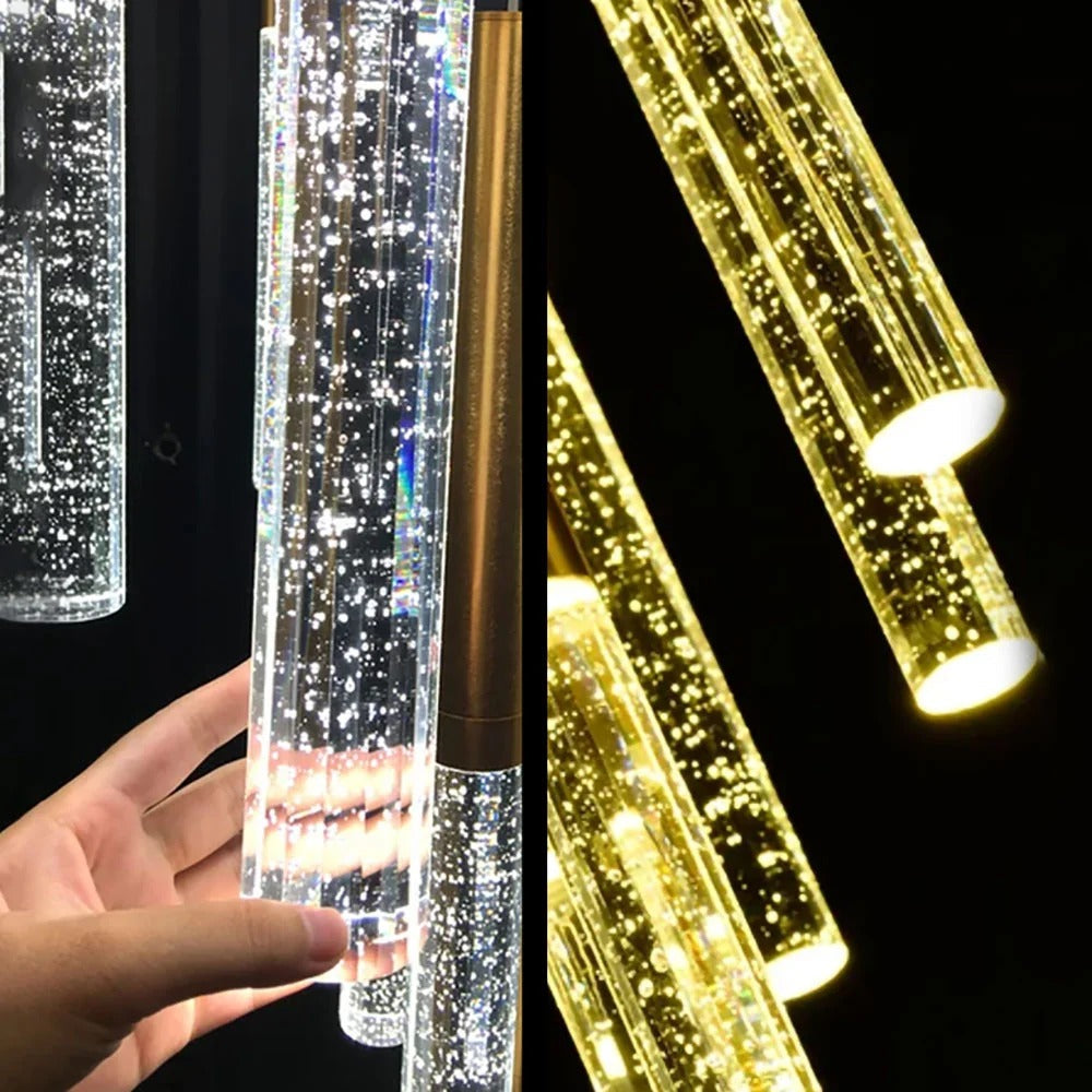 Mina Crystal Entryway Light Fixtures High Ceiling close-up of illuminated crystal rod pendants