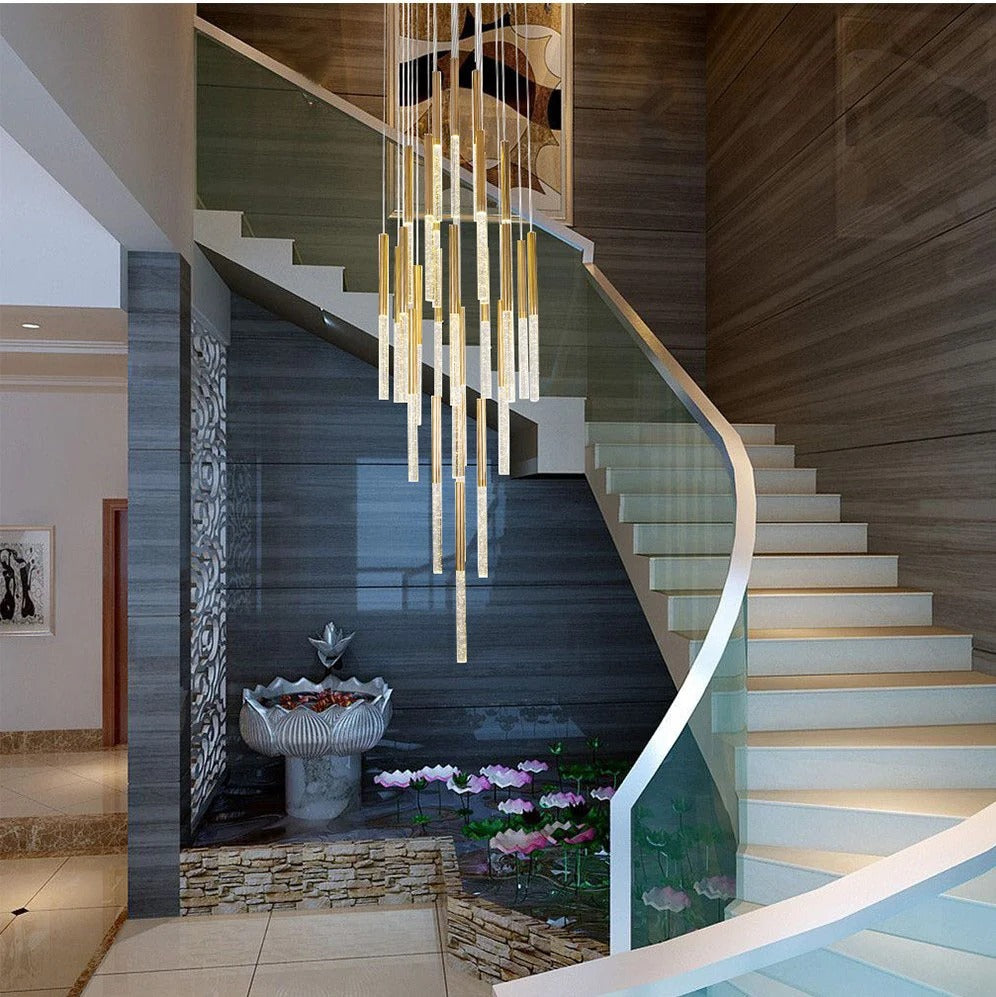 Mina Crystal Entryway Light Fixtures High Ceiling detail view showing gold finish and textured crystal light tubes