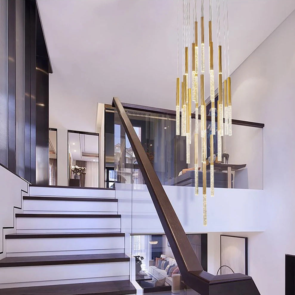 Mina Crystal Entryway Light Fixtures High Ceiling long drop chandelier with staggered crystal tubes