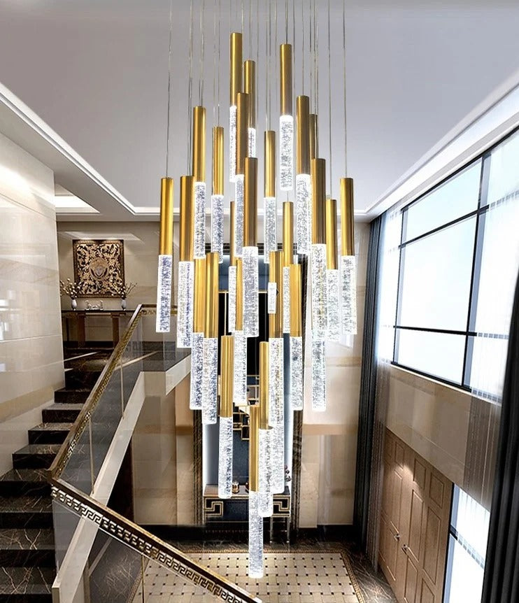 Mina Crystal Entryway Light Fixtures High Ceiling main view with cascading gold and crystal LED rods
