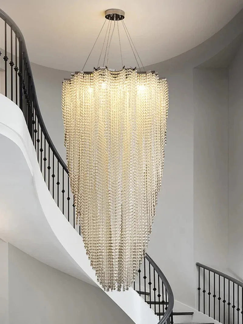 Modern crystal beaded chandelier ceiling canopy and hanging detail